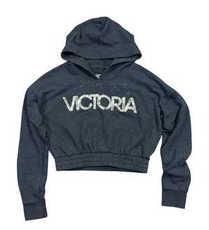 Victoria Sport Cropped Hoodie Sparkle Rhinestone Logo Grey‎ Long Sleeve Womens M thumbnail 1