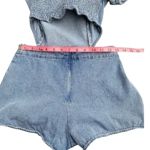 Altar'd State Y2K Festival Summer square neck puff sleeve cut out waist Denim Romper size S thumbnail 12
