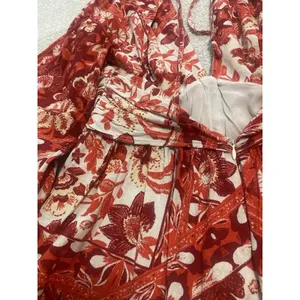 Free People Red Cream Floral V-Neck Long Balloon Sleeve Romper S Rayon thumbnail 12