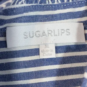 Sugarlips Button Down Shirt Blue White Striped Ruffle Neck Puff Sleeve Large thumbnail 4