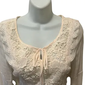 Self Esteem Y2K Cream Whimsigoth Witchy Top Sz S Crochet Detail Peek a Boo Neck Boho Cottage thumbnail 4