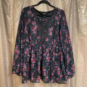 Torrid Black Pink Floral Chiffon Lattice Bell Sleeve Blouse, 1 14/16 thumbnail 2