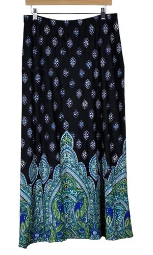 Southern Lady Paisley Border Print Maxi Skirt Black Blue Boho Stretch Size M thumbnail 1