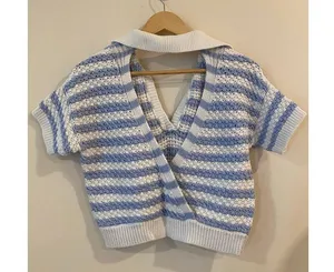 Anthropologie Maeve Knit Open Back Top Blue and White Stripe Sz XXS thumbnail 2
