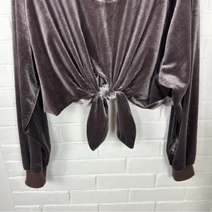 Nude Mocha Brown Velvet Tie Front Oversized Long Sleeve Crop Top Size S thumbnail 5