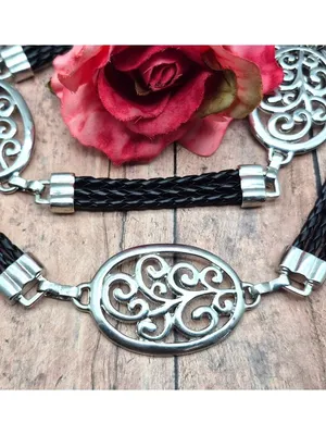 Ladies Silver Tone & Black Braided Faux Leather Chain Belt Swirl Size S Western thumbnail 2