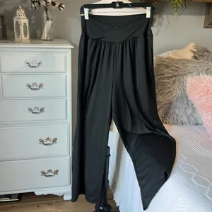 Wide Leg Pants Cross Over Waist Black Silky Stretchy Womens Medium Yoga thumbnail 5