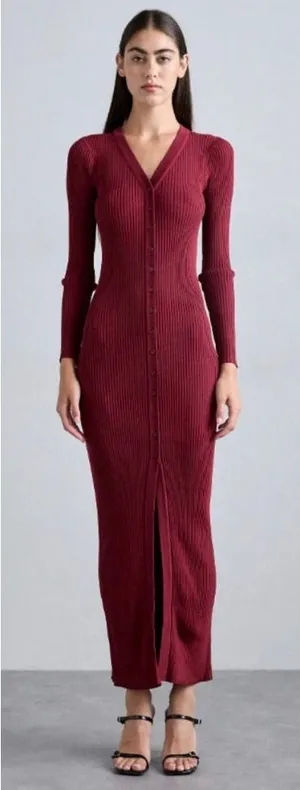 STAUD Shoko Ribbed Knit‎ Button Front Maxi Dress Burgundy XS thumbnail 1