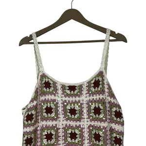 Pink Lily Crochet Granny Square Patchwork Mini Dress Green Brown Boho Size L thumbnail 2