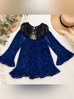 Free People Faded Daisy Frock Dress Tunic XS Blue Black Boho Bell Sleeve thumbnail 3