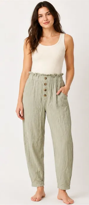 Women’s Small Sage Green Button Front Crinkle Pants thumbnail 1