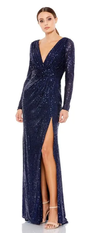 Mac Duggal Ieena Long‎ Sleeve Sequined Gown in Midnight Blue- NWT thumbnail 1