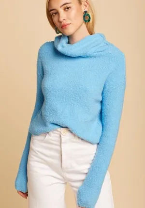 Free People Stormy Pullover Sweater Blue Cowl Neck Fuzzy Large thumbnail 1