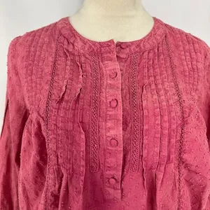 Anthropologie Pilcro Swiss Dot Peasant Blouse Long Sleeve Button‎ Front Pink XS thumbnail 2