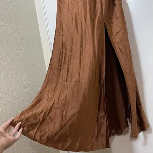 NEW! Selfie Leslie Well Versed Pleated Bust Front Split Slip Dress Chocolate MED thumbnail 8