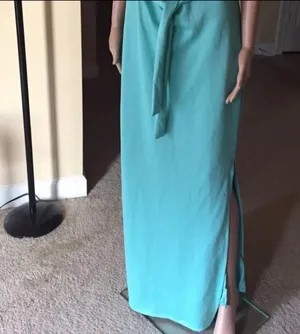Strapless Aqua Maxi Dress with Floral Bodice thumbnail 6