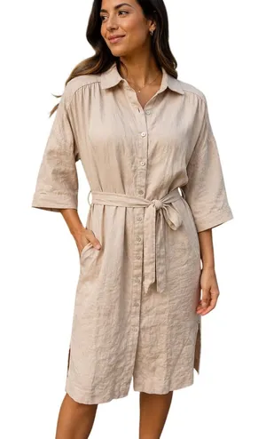 Tahari Womens 100% Linen Belted Button Down Shirt Dress Tan Beige Small thumbnail 1