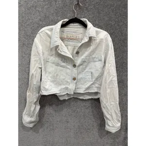 Free People Women Jacket Small White We The Free Cropped Raw Hem Cotton Linen thumbnail 3