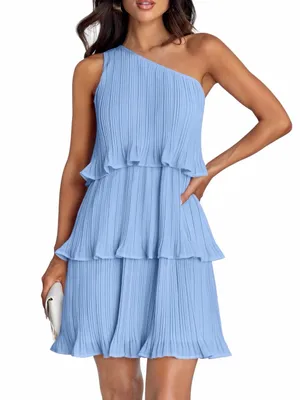 Asymmetric One-Shoulder Pleated Tiered Dress in Light Blue thumbnail 1