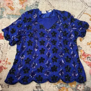 Vintage Stenay Plus Royal Blue Silk Beaded Sequin Floral Evening Blouse Plus XL thumbnail 2
