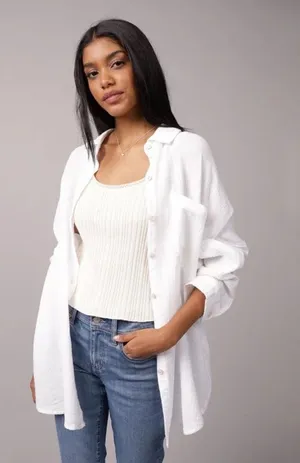 American Eagle Oversized Button Down Shirt 100% Cotton Crinkled Long Sleeve thumbnail 1