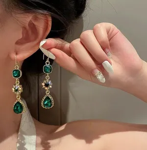 Women's Green Crystal Long Dangle Drop Earrings thumbnail 4