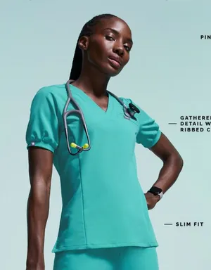 Figs Peridot Puff‎ Sleeve Scrub Top small nurse workwear hospital thumbnail 1