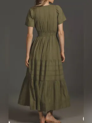 Anthropologie NWT Somerset Tiered Maxi Dress Pockets in Moss Green Size XS NEW thumbnail 2