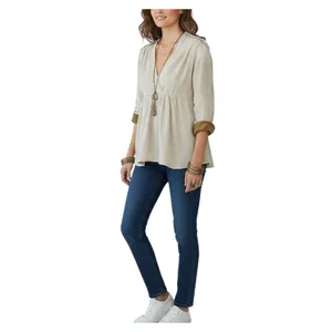 FREE PEOPLE V-Neck Blouse-Tunic Women M Olive Coastal Boho Cottage Western City thumbnail 2