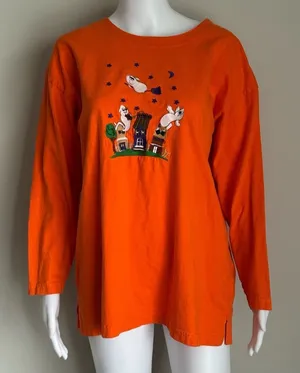 Vintage Halloween Haunted House 100% Cotton Long Sleeve Top Size M thumbnail 1