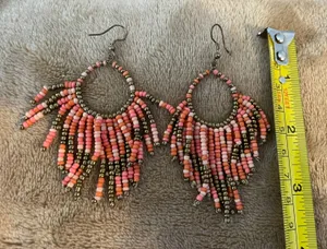 Pink/Gold Seed Beaded Earrings Bohemian Long Drop Dangle Jewelry. thumbnail 3