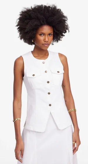 Madewell Denim High Crewneck Vest Tile White Minimalist Utility Pockets US 0 thumbnail 1