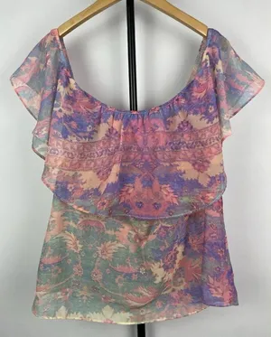 Show Me‎ Your Mumu Chiquita Multicolor Watercolor Sheer Flowy Off Shoulder Top M thumbnail 1