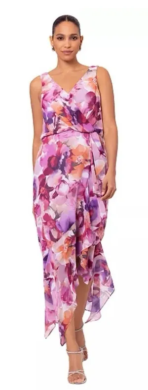 XSCAPE Women's Printed Chiffon High-Low Midi Dress Pink Floral Size 6 thumbnail 1