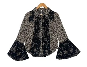 Free People Serena Top Womens Large Black Sheer Floral Bell Sleeve Boho Festival thumbnail 1