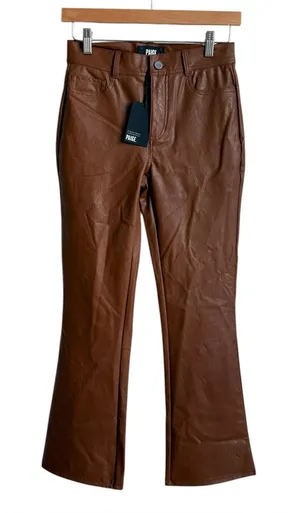 PAIGE Claudine Ankle Flare Faux Leather Pants Dark Argan Brown Size 25 NWT thumbnail 1