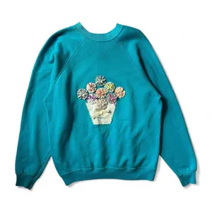 Vintage Tultex Super Sweats Sweatshirt L Teal Floral Applique Made USA 90s thumbnail 5