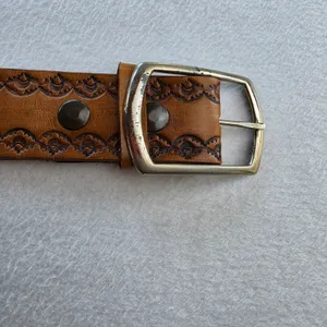 Vintage Tooled Leather Belt Tan Brown Scalloped‎ Floral Western Boho Medium thumbnail 3