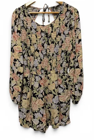 American Eagle Vintage Floral‎ Smocked Romper Long Sleeve Pockets Black Large thumbnail 1