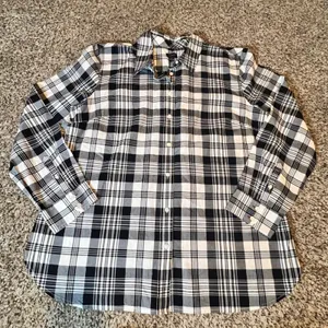 Talbots Women XL Black White Plaid Metallic Button Down Shirt Long Sleeve Cotton thumbnail 1