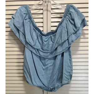 ID:23 Soft Denim Elastic Hem Ruffle Sleeveless Crop Shirt Size Large thumbnail 3