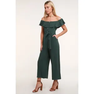 Lulu's‎ June Bloom Dk Green Linen Culotte Jumpsuit Size XS Off Shoulder thumbnail 9