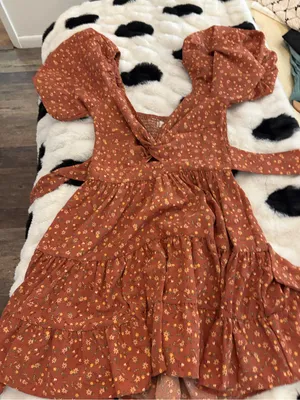 Altar'd State Rust Floral Mini Dress with Puff Sleeves thumbnail 1