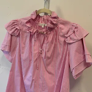 Patty Kim Pink White Striped Ruffle Neck Tiered Sleeve Blouse Medium Boho thumbnail 4