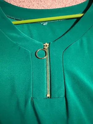 Women's Green Zip-Neck Blouse with Grommet Shoulder Detail thumbnail 2
