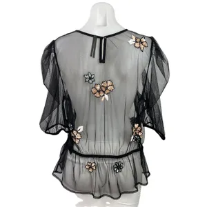 By Anthropologie Black Floral Embellished Sequin Sheer Mesh Peplum Crop Top Sz L thumbnail 3