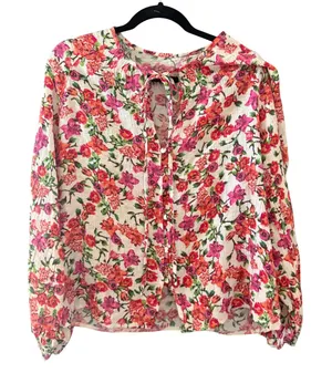 Floral Long Sleeve Tie Neck Blouse Pink Orange White Crinkle Boho Top‎ Womens XL thumbnail 1