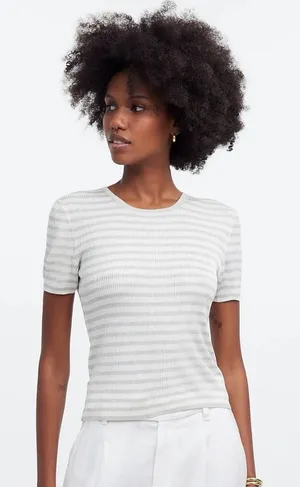 Madewell Micro-Rib Short Sleeve Striped Sweater Tee in‎ Monument Sz M NEW thumbnail 1