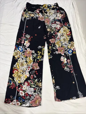 Elie Tahari Black Floral Wide Leg Pants Drawstring Adjustable Waist Size Small thumbnail 2