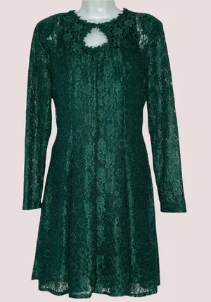 Vintage Green Lace Skater Dress Keyhole‎ Long-Sleeve Tie-Back Bow Christmas thumbnail 1